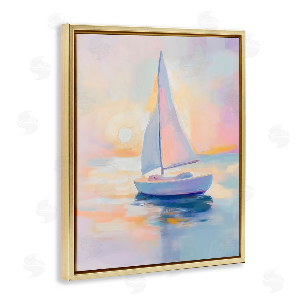 The Prints Vibe Pastel Sailboat Toward Pink Horizon Gold Floating Framed Canvas Wall Art