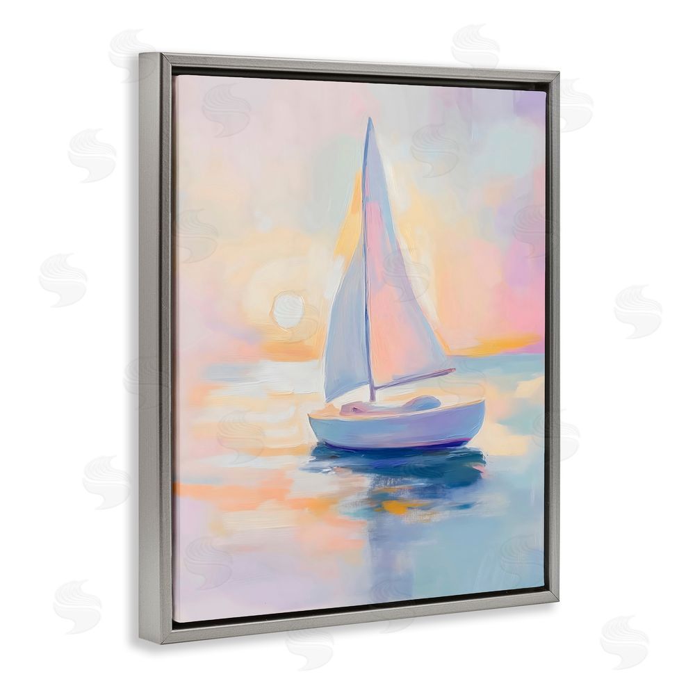 The Prints Vibe Pastel Sailboat Toward Pink Horizon Gray Floating Framed Canvas Wall Art