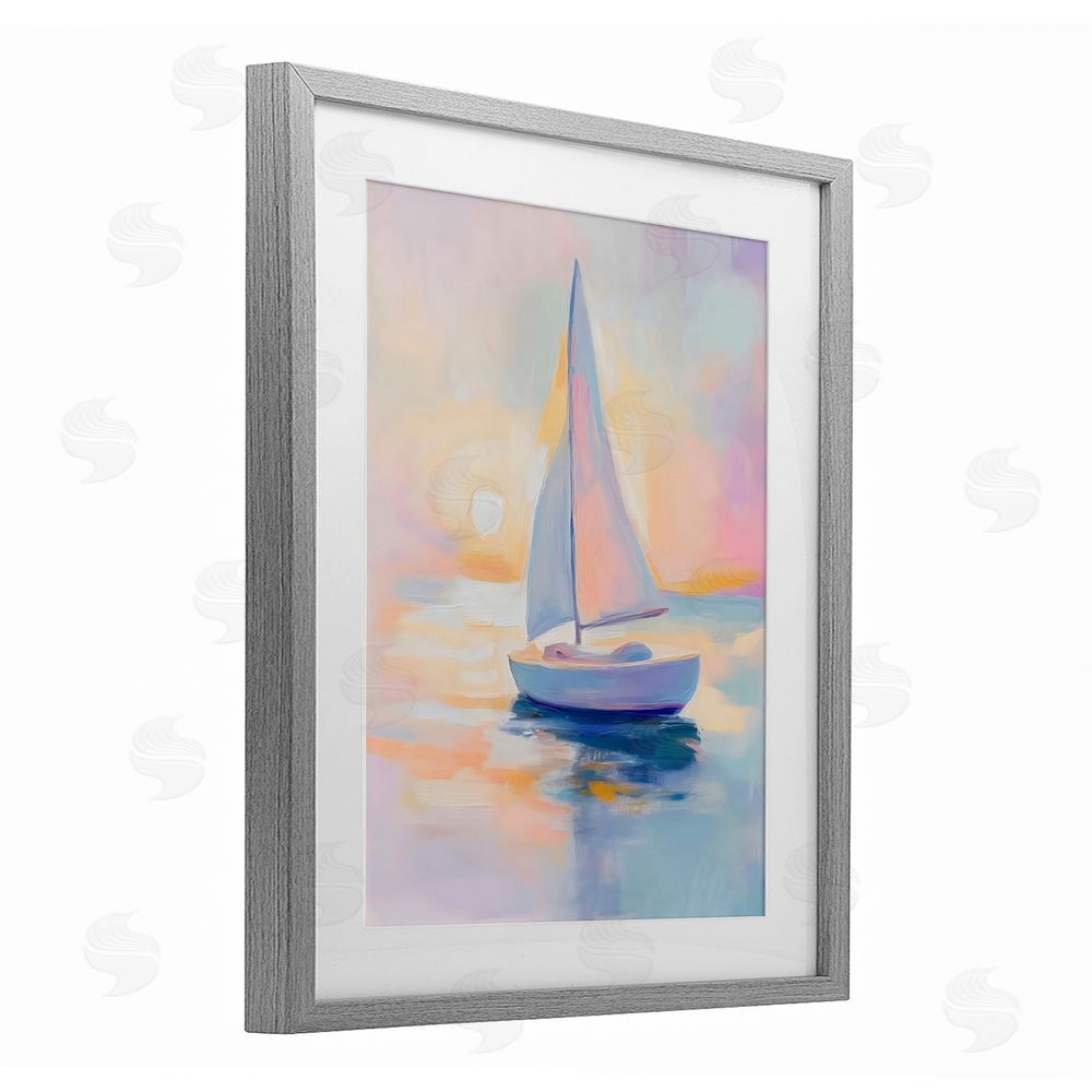 The Prints Vibe Pastel Sailboat Toward Pink Horizon Gray Framed Print Under Glass Wall Art