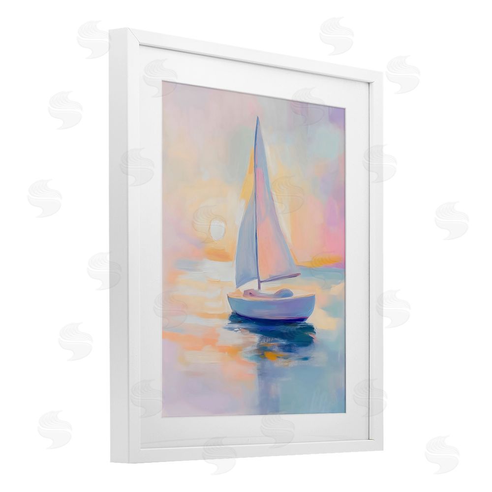 The Prints Vibe Pastel Sailboat Toward Pink Horizon White Framed Print Under Glass Wall Art