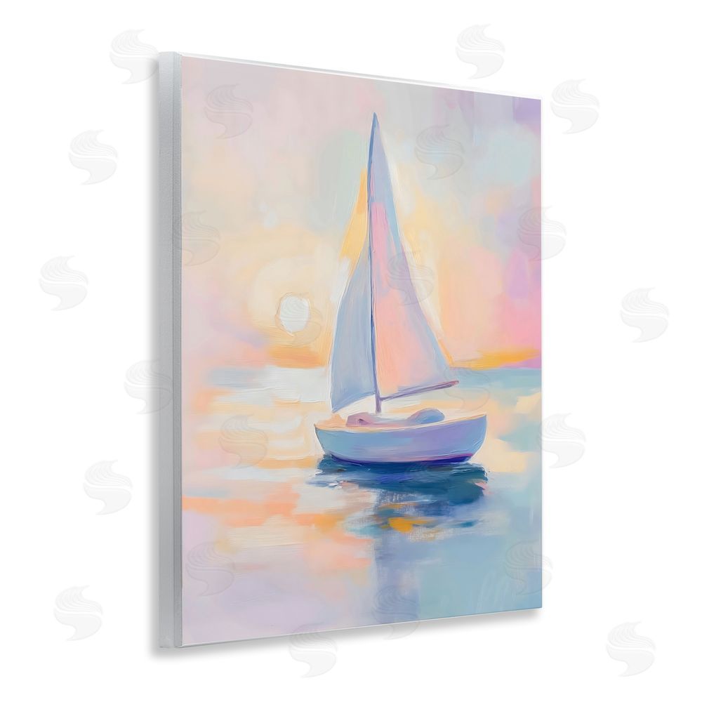 The Prints Vibe Pastel Sailboat Toward Pink Horizon Wall Plaque Home Decor Art Print
