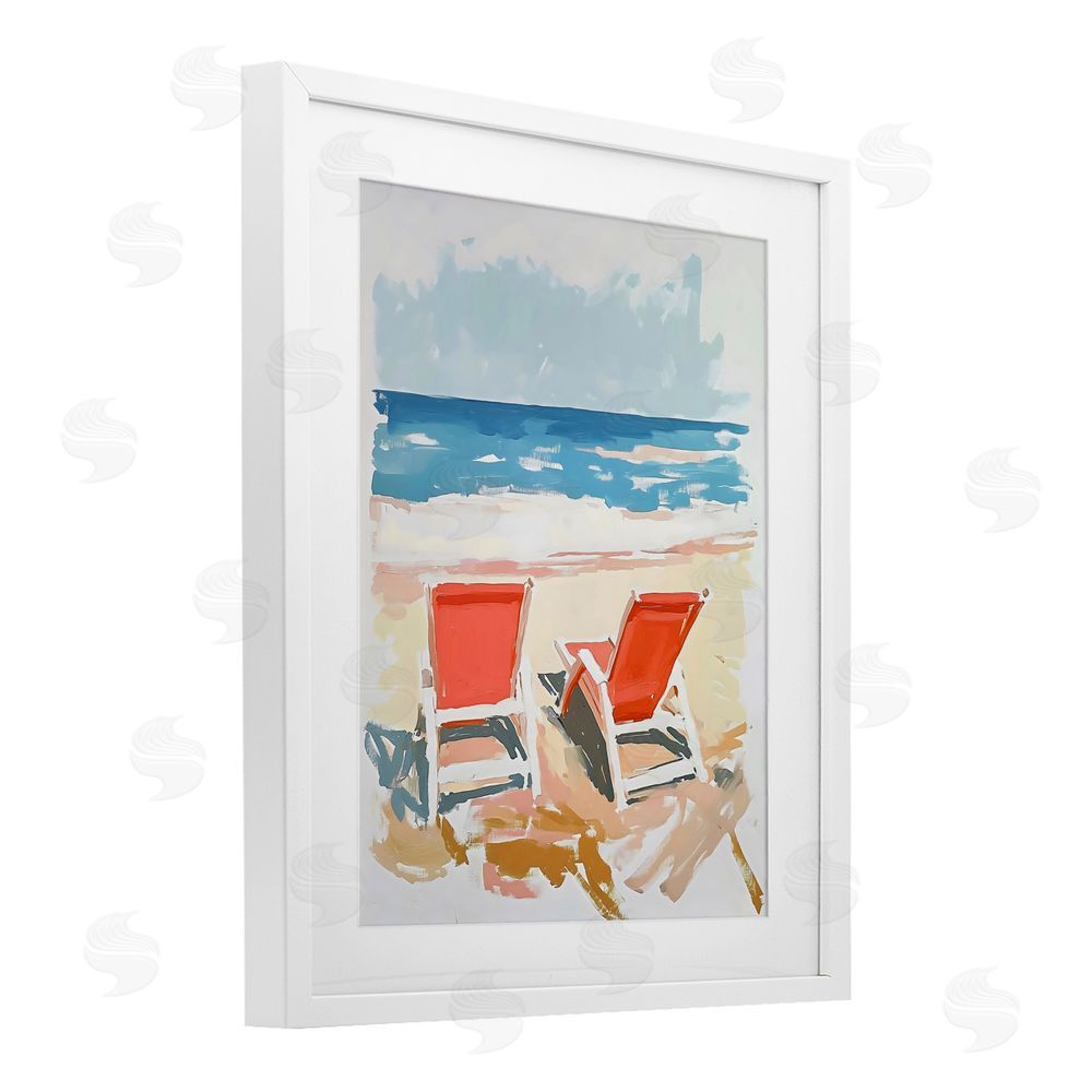 The Prints Vibe Two Sunlit Beach Chairs White Framed Print Under Glass with White Mat Wall Art