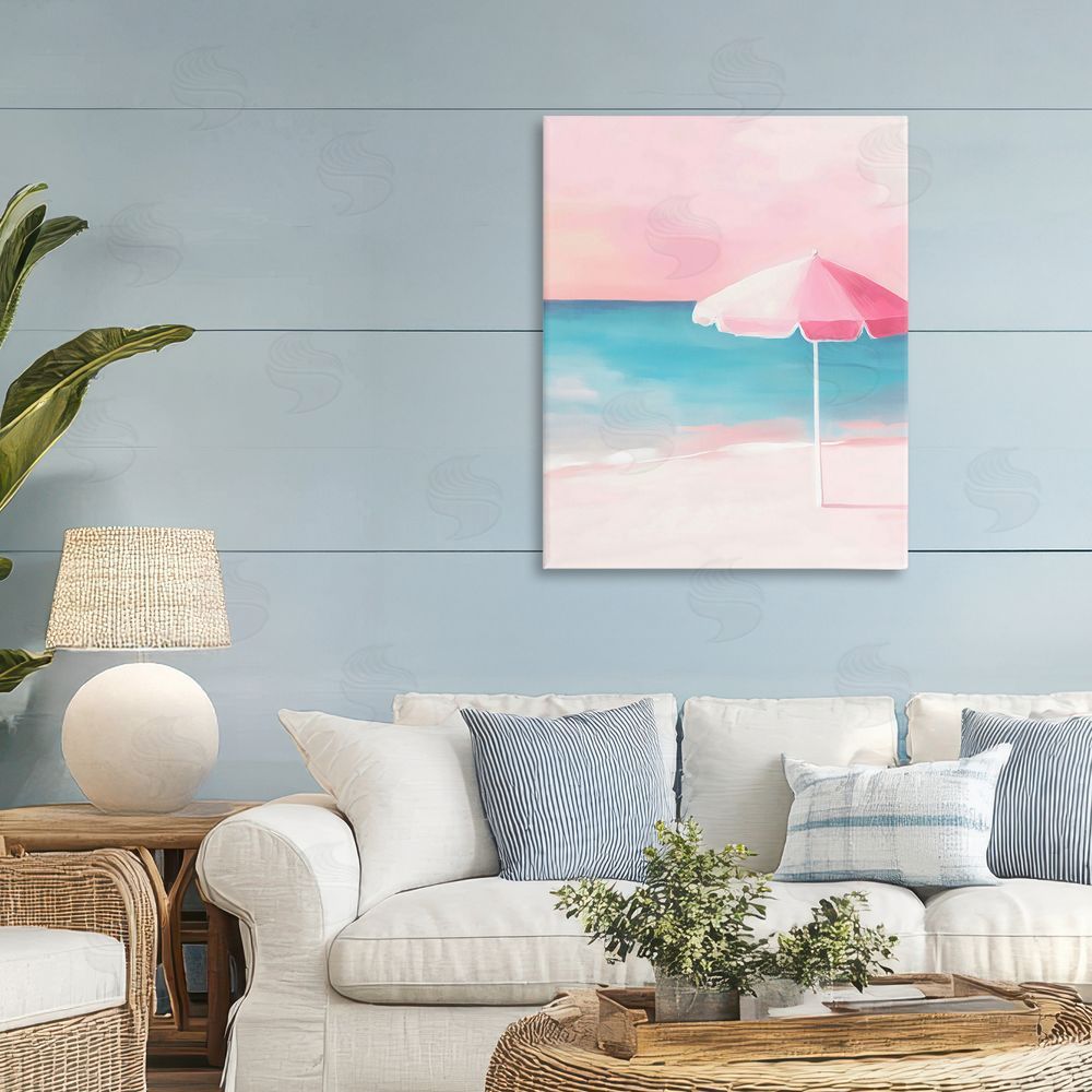 The Prints Vibe Serene Pink Beach Umbrella Stretched Canvas on Wall