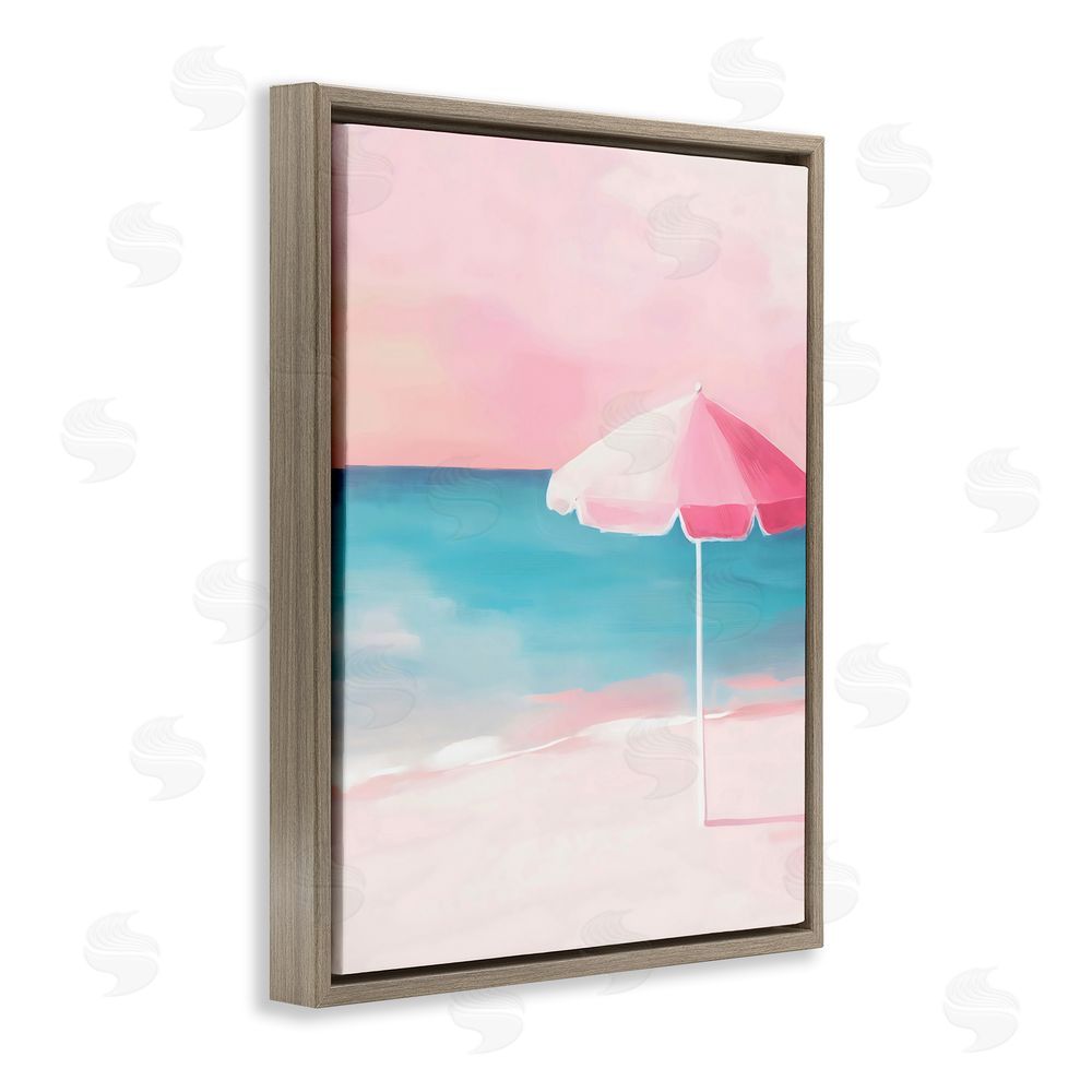 The Prints Vibe Serene Pink Beach Umbrella Brown Floating Framed Canvas Wall Art Print