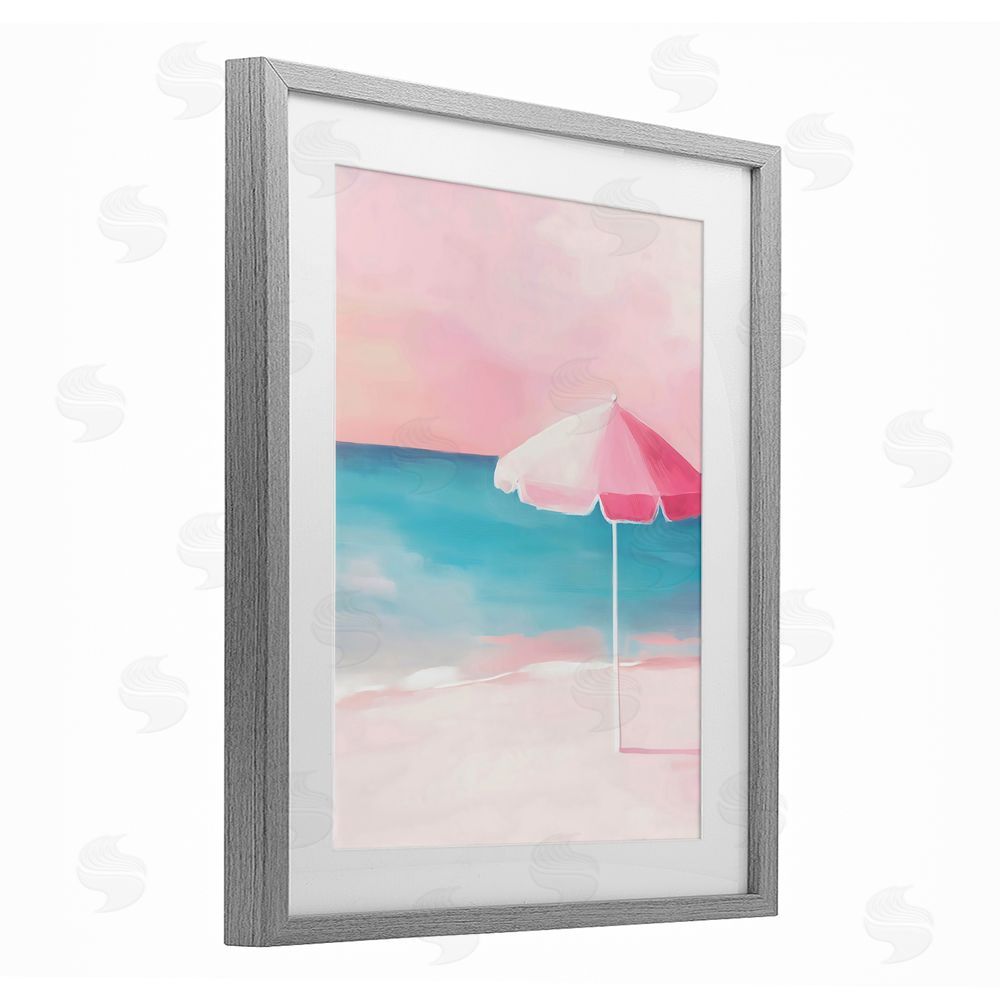The Prints Vibe Serene Pink Beach Umbrella Gray Framed Print Under Glass with White Mat Wall Art