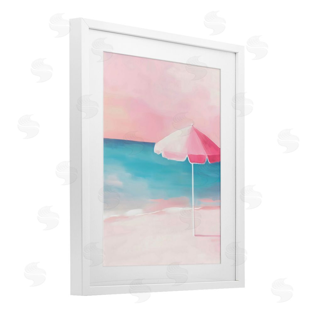 The Prints Vibe Serene Pink Beach Umbrella White Framed Print Under Glass with White Mat Wall Art