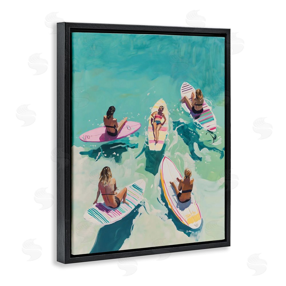 The Prints Vibe Women Surfers at Turquoise Beach Black Floating Framed Canvas Wall Art Print