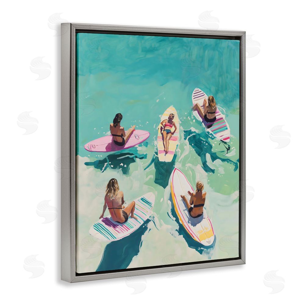 The Prints Vibe Women Surfers at Turquoise Beach Gray Floating Framed Canvas Wall Art Print