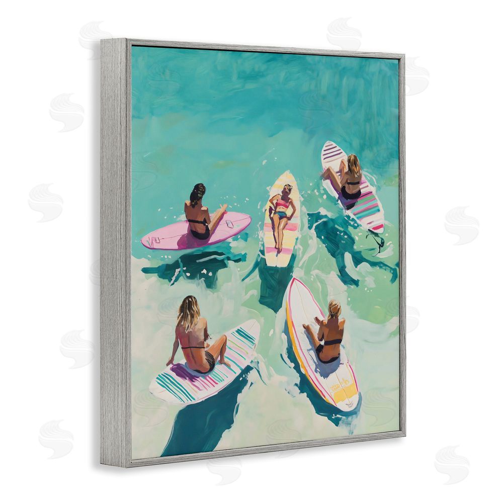 The Prints Vibe Women Surfers at Turquoise Beach Gray Framed Giclee Wall Art Print