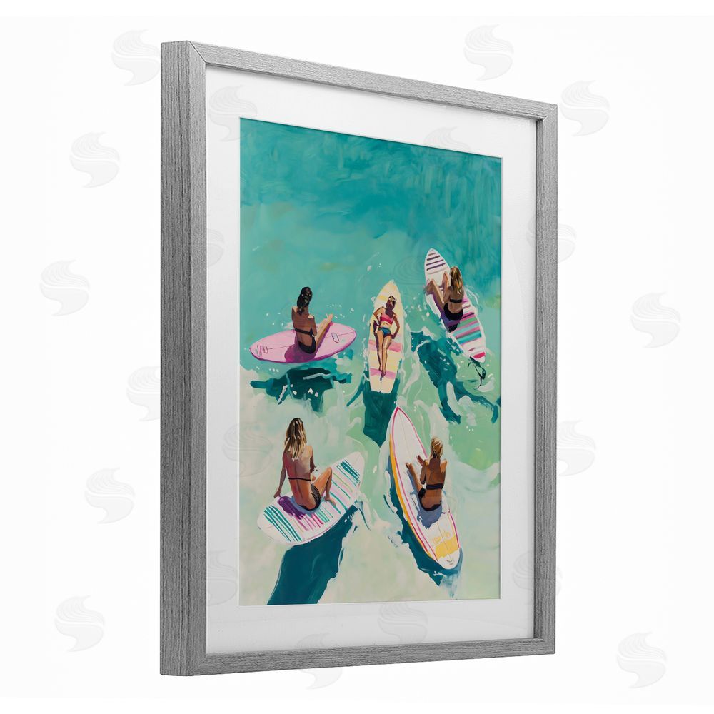 The Prints Vibe Women Surfers at Turquoise Beach Gray Framed Print Under Glass with White Mat Wall Art