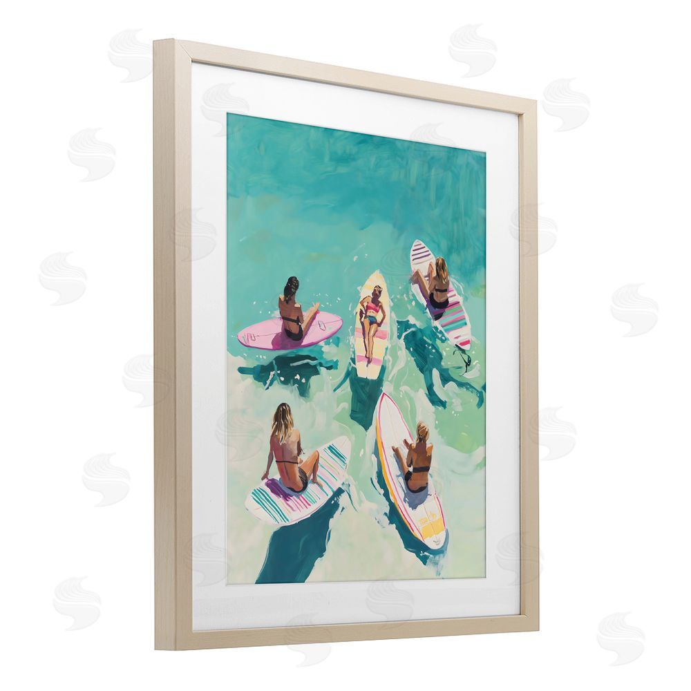 The Prints Vibe Women Surfers at Turquoise Beach Brown Framed Print Under Glass with White Mat Wall Art