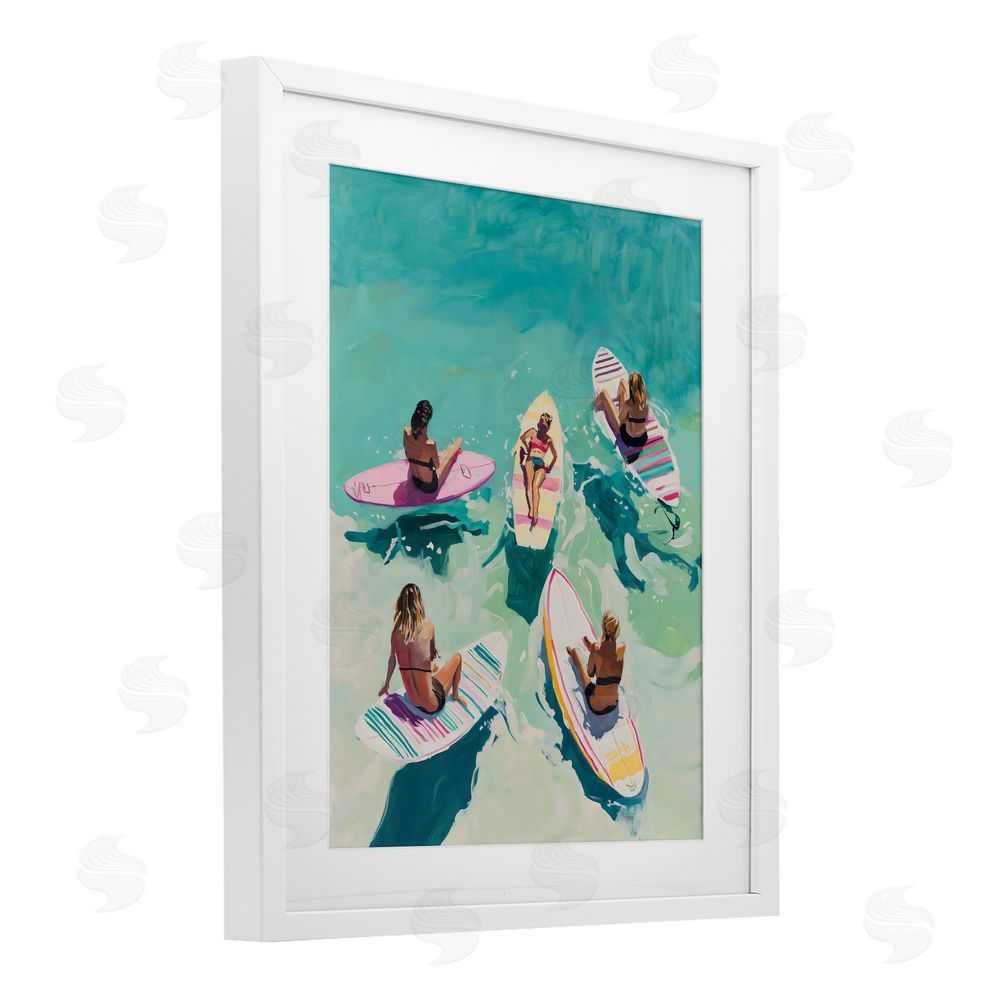 The Prints Vibe Women Surfers at Turquoise Beach White Framed Print Under Glass with White Mat Wall Art