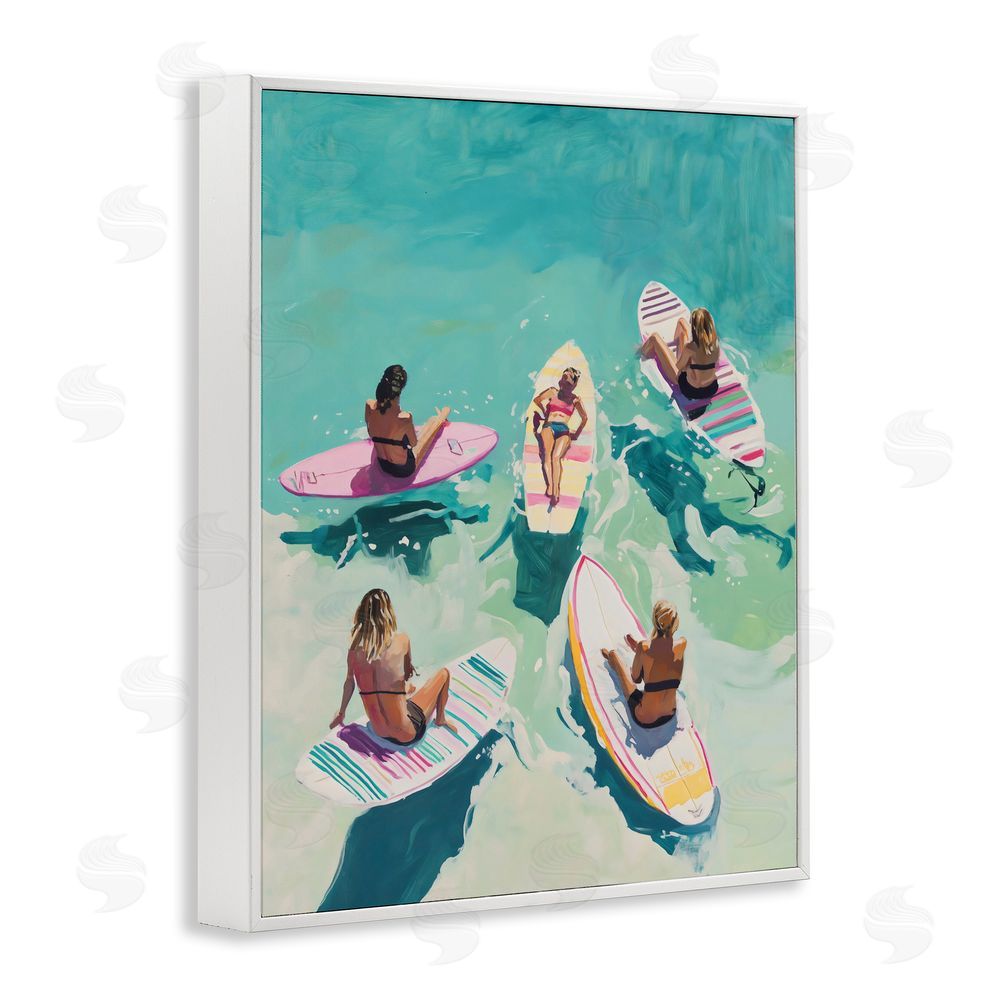 The Prints Vibe Women Surfers at Turquoise Beach White Framed Giclee Wall Art Print