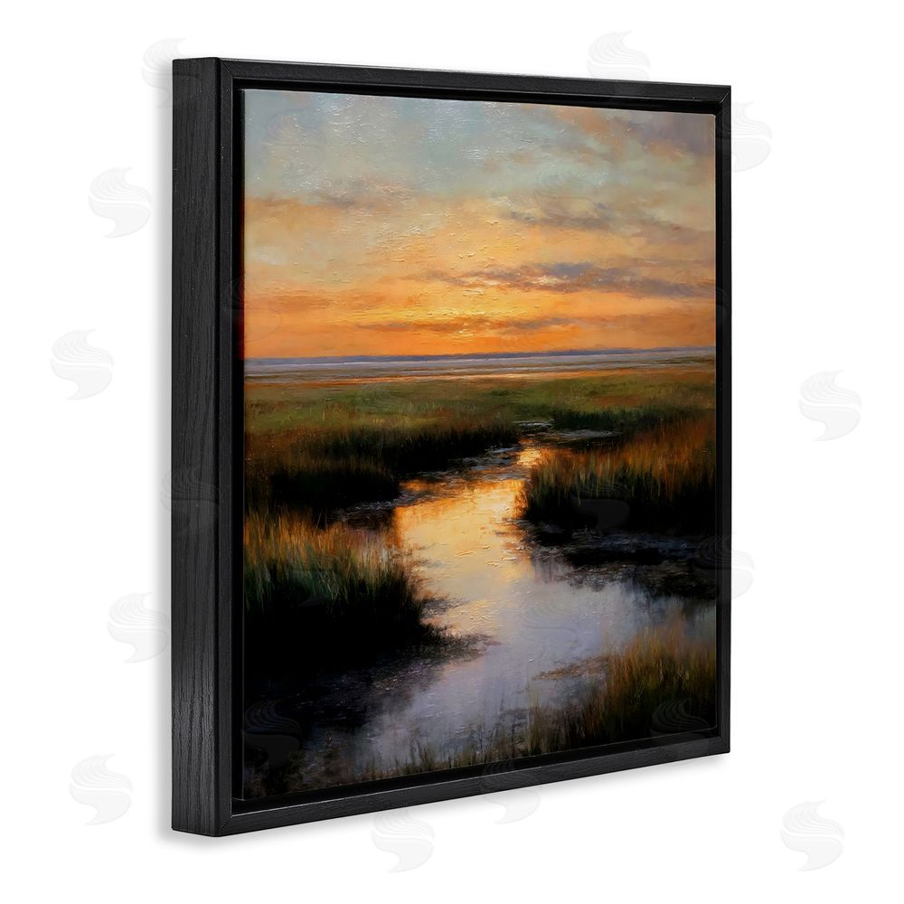 Petal Prints Design Warm Marshland Sunset Black Floating Framed Canvas Wall Art Print