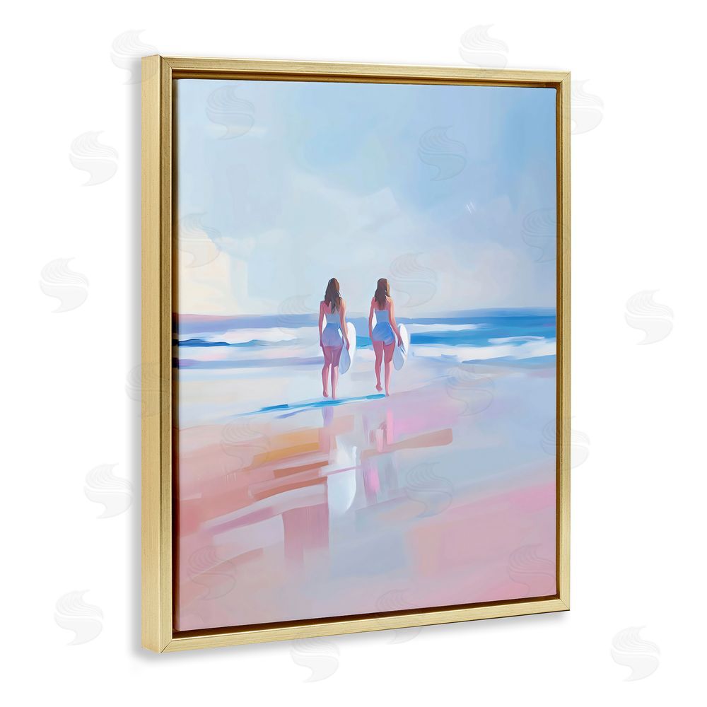The Prints Vibe Heading To Surf at Dawn Gold Floating Framed Canvas Wall Art