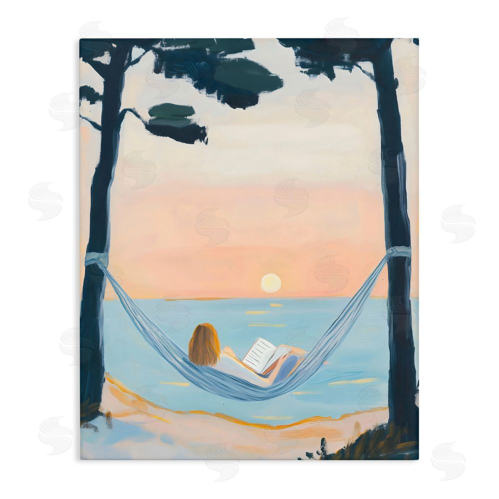 The Prints Vibe Reading At Sunset in Hammock Stretched Canvas Wall Art