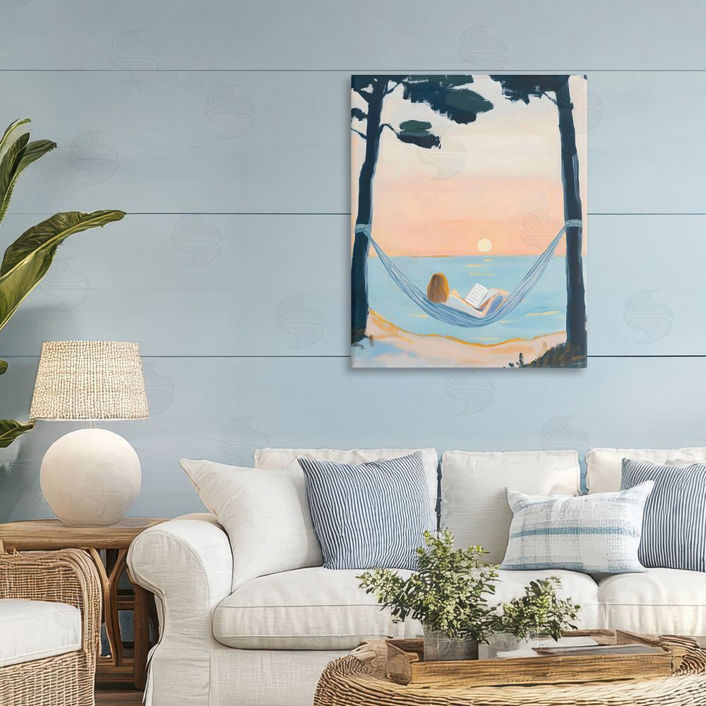 The Prints Vibe Reading At Sunset in Hammock Stretched Canvas Wall Art in Room