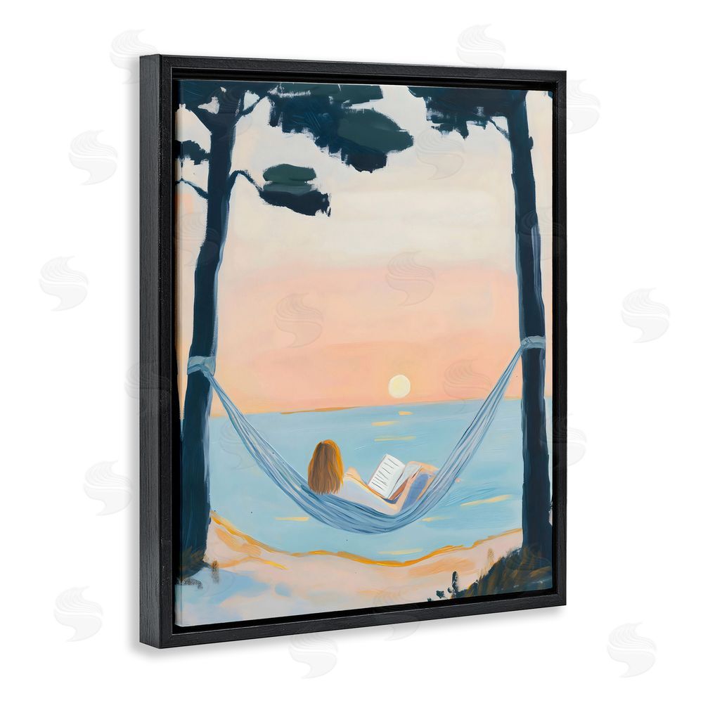 The Prints Vibe Reading At Sunset in Hammock Black Floating Framed Canvas Wall Art