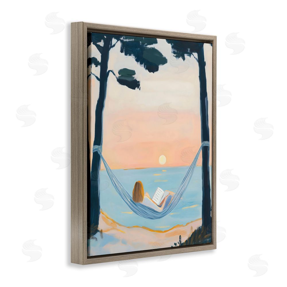 The Prints Vibe Reading At Sunset in Hammock Brown Floating Framed Canvas Wall Art