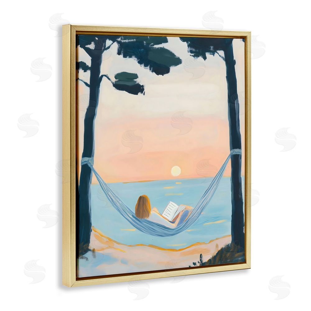 The Prints Vibe Reading At Sunset in Hammock Gold Floating Framed Canvas Wall Art