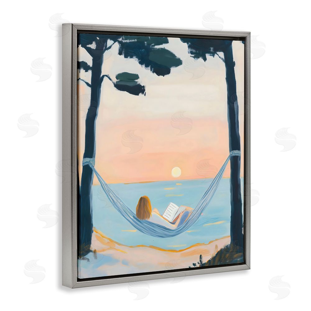 The Prints Vibe Reading At Sunset in Hammock Gray Floating Framed Canvas Wall Art
