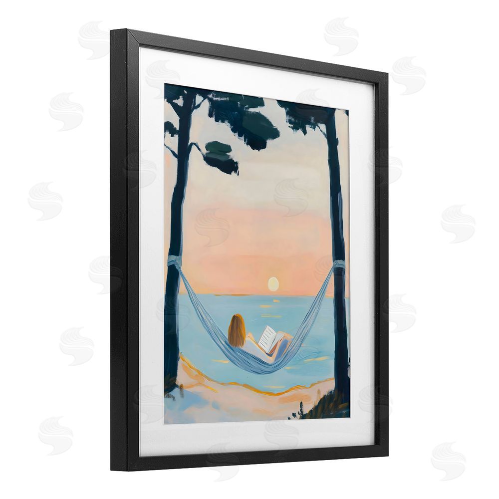 The Prints Vibe Reading At Sunset in Hammock Black Framed Print Under Glass Wall Art
