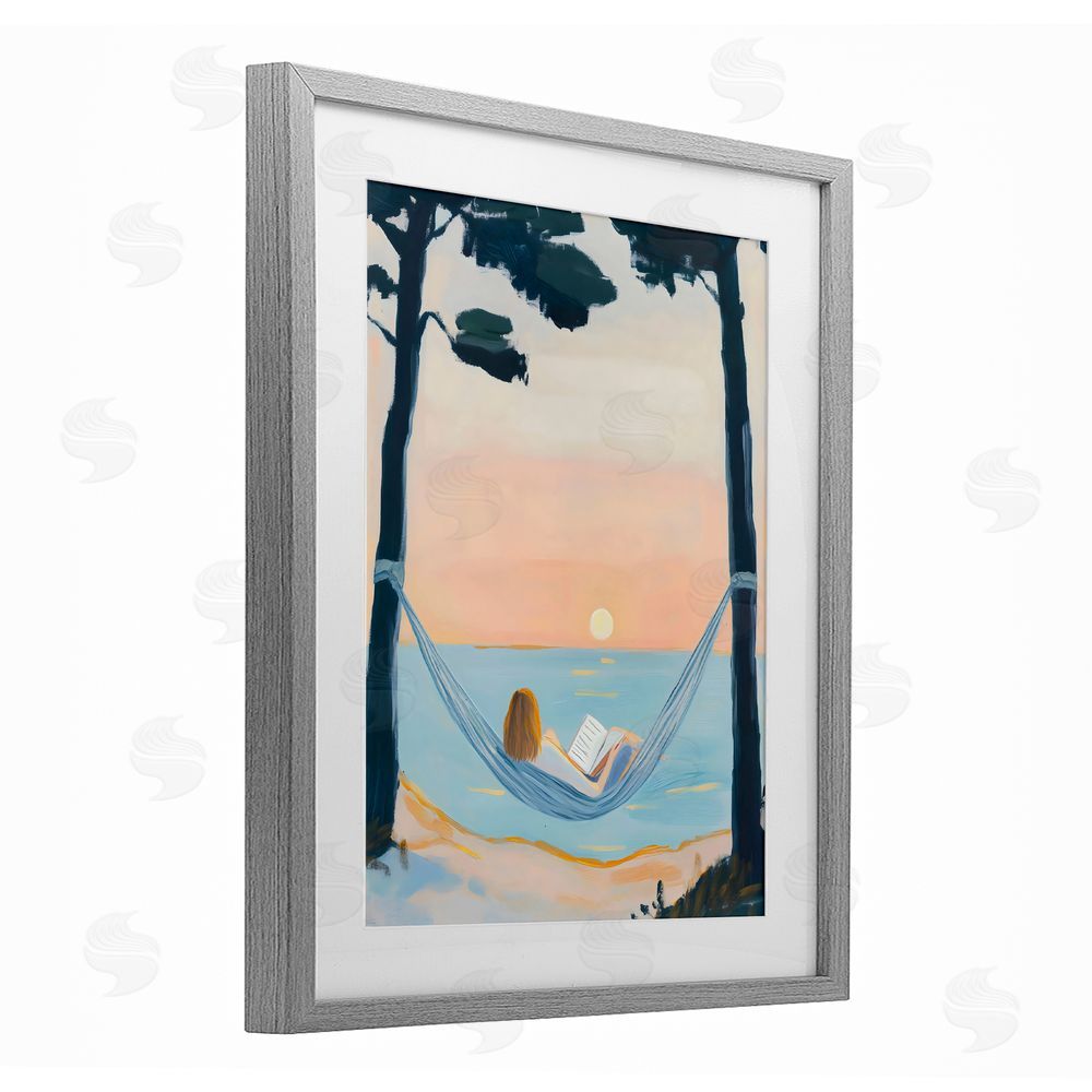 The Prints Vibe Reading At Sunset in Hammock Gray Framed Print Under Glass Wall Art