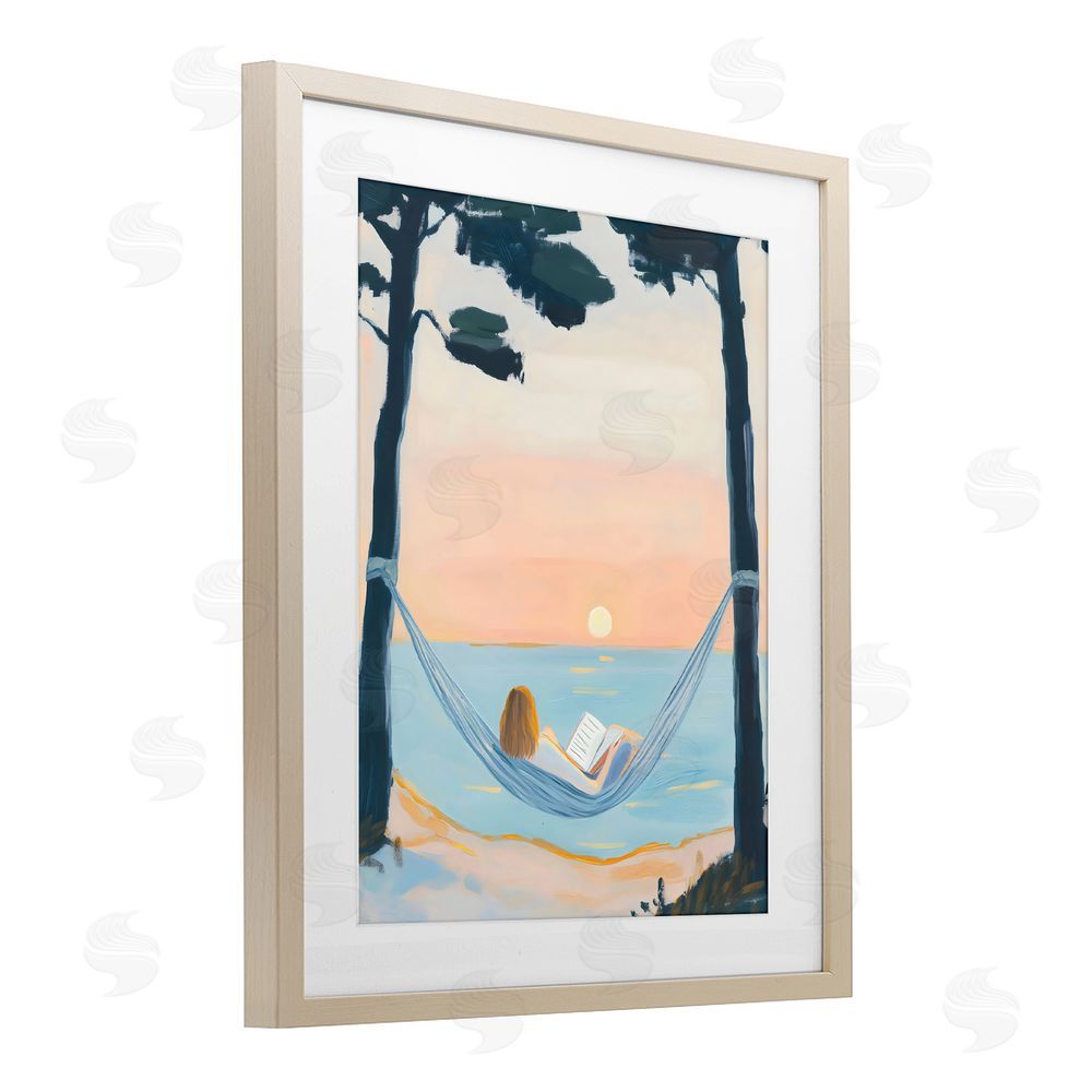The Prints Vibe Reading At Sunset in Hammock Brown Framed Print Under Glass Wall Art