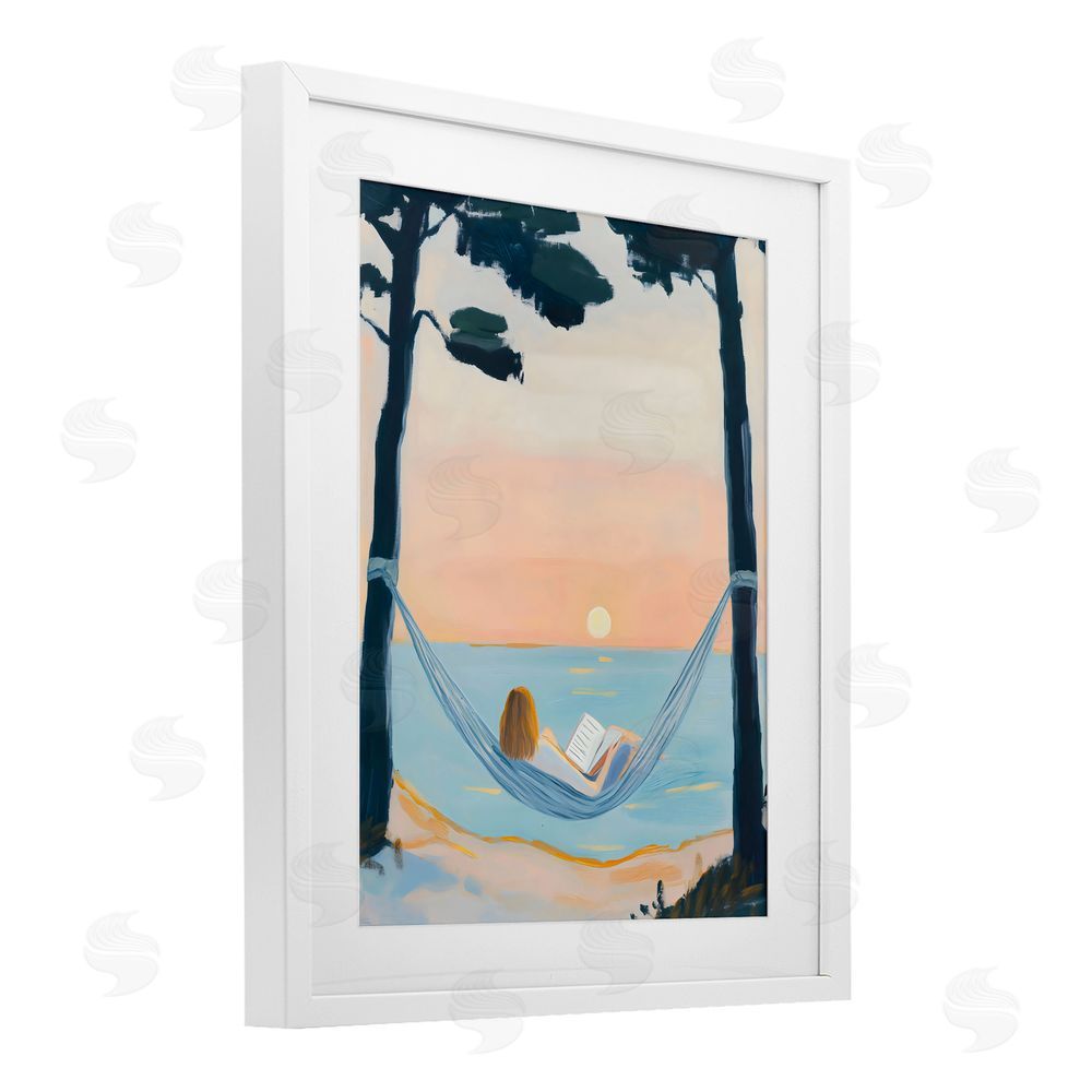 The Prints Vibe Reading At Sunset in Hammock White Framed Print Under Glass Wall Art