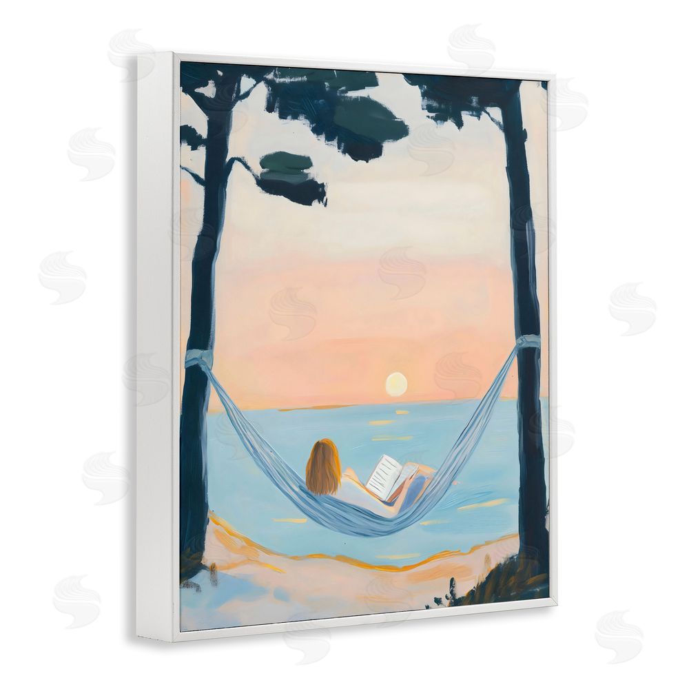 The Prints Vibe Reading At Sunset in Hammock White Framed Giclee Wall Art