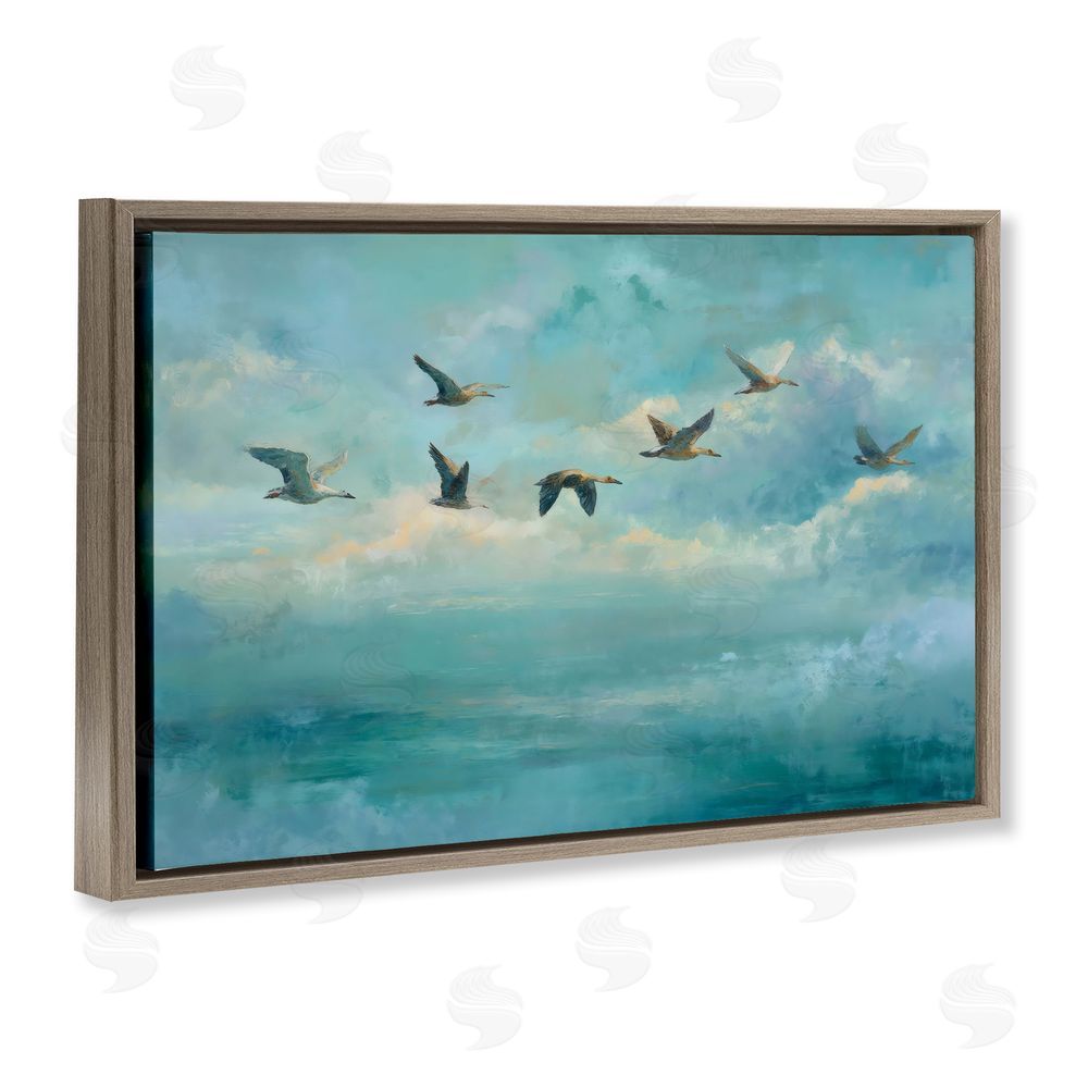 Petal Prints Design Blue Skies Geese Brown Floating Frame Stretched Canvas Wall Art Print