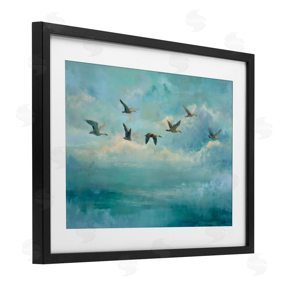 Petal Prints Design Blue Skies Geese Black Framed Print Under Glass with Matting Wall Art
