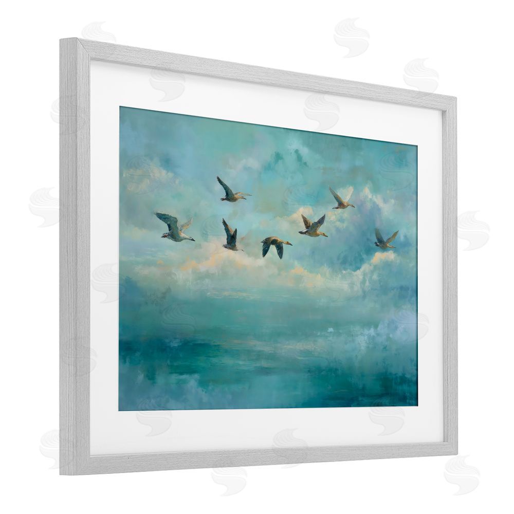 Petal Prints Design Blue Skies Geese Gray Framed Print Under Glass with Matting Wall Art