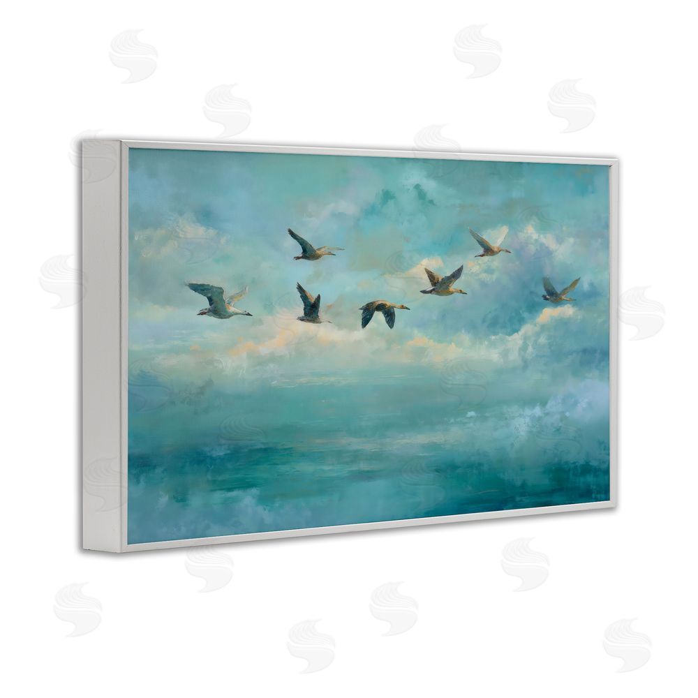 Petal Prints Design Blue Skies Geese White Framed Giclee Wall Art Print