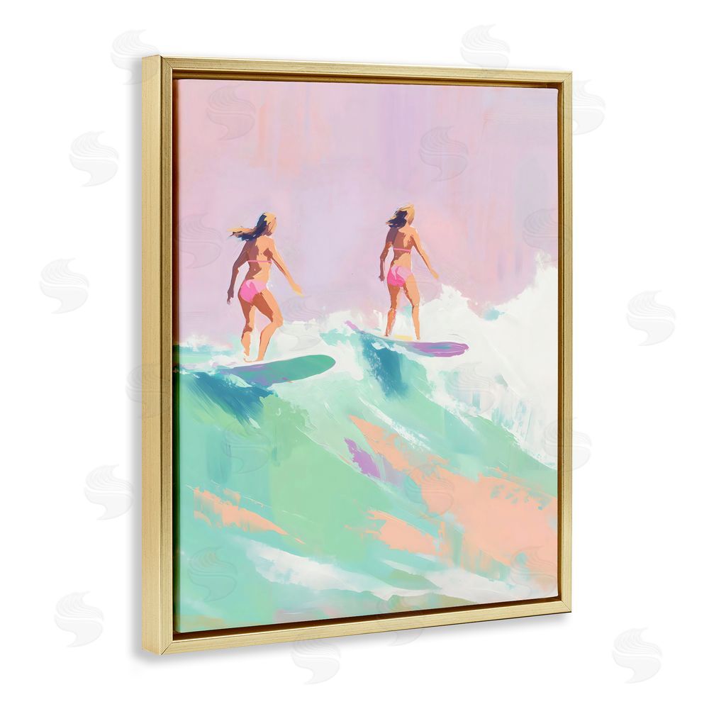 The Prints Vibe Two Surfing Girls on Wave Gold Floating Framed Canvas Wall Art Print