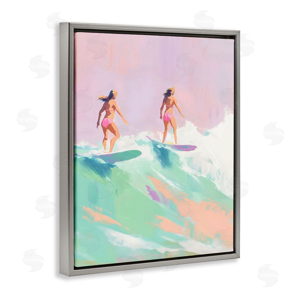 The Prints Vibe Two Surfing Girls on Wave Gray Floating Framed Canvas Wall Art Print