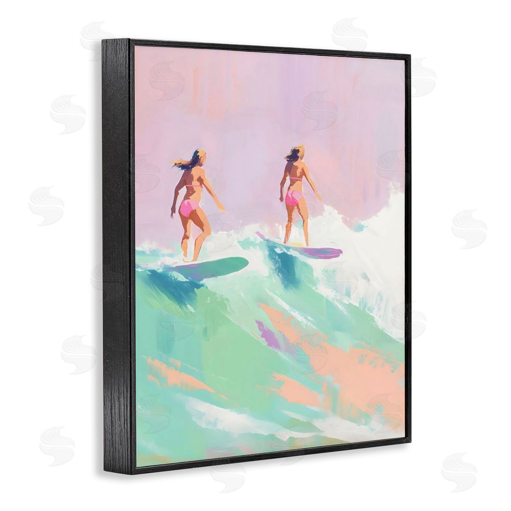 The Prints Vibe Two Surfing Girls on Wave Black Framed Giclee Wall Art Print