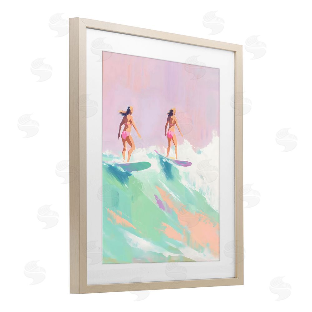 The Prints Vibe Two Surfing Girls on Wave Brown Framed Print Under Glass with White Mat Wall Art