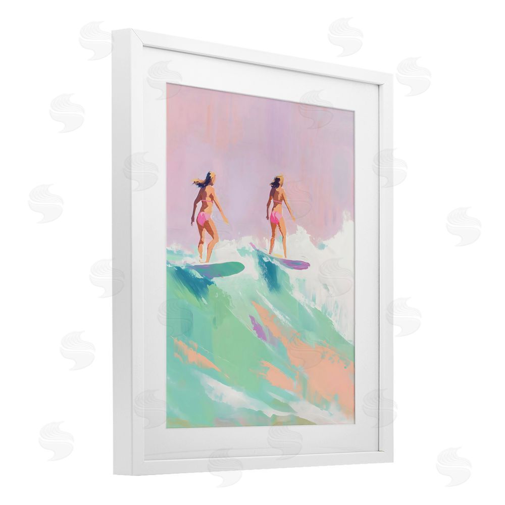 The Prints Vibe Two Surfing Girls on Wave White Framed Print Under Glass with White Mat Wall Art