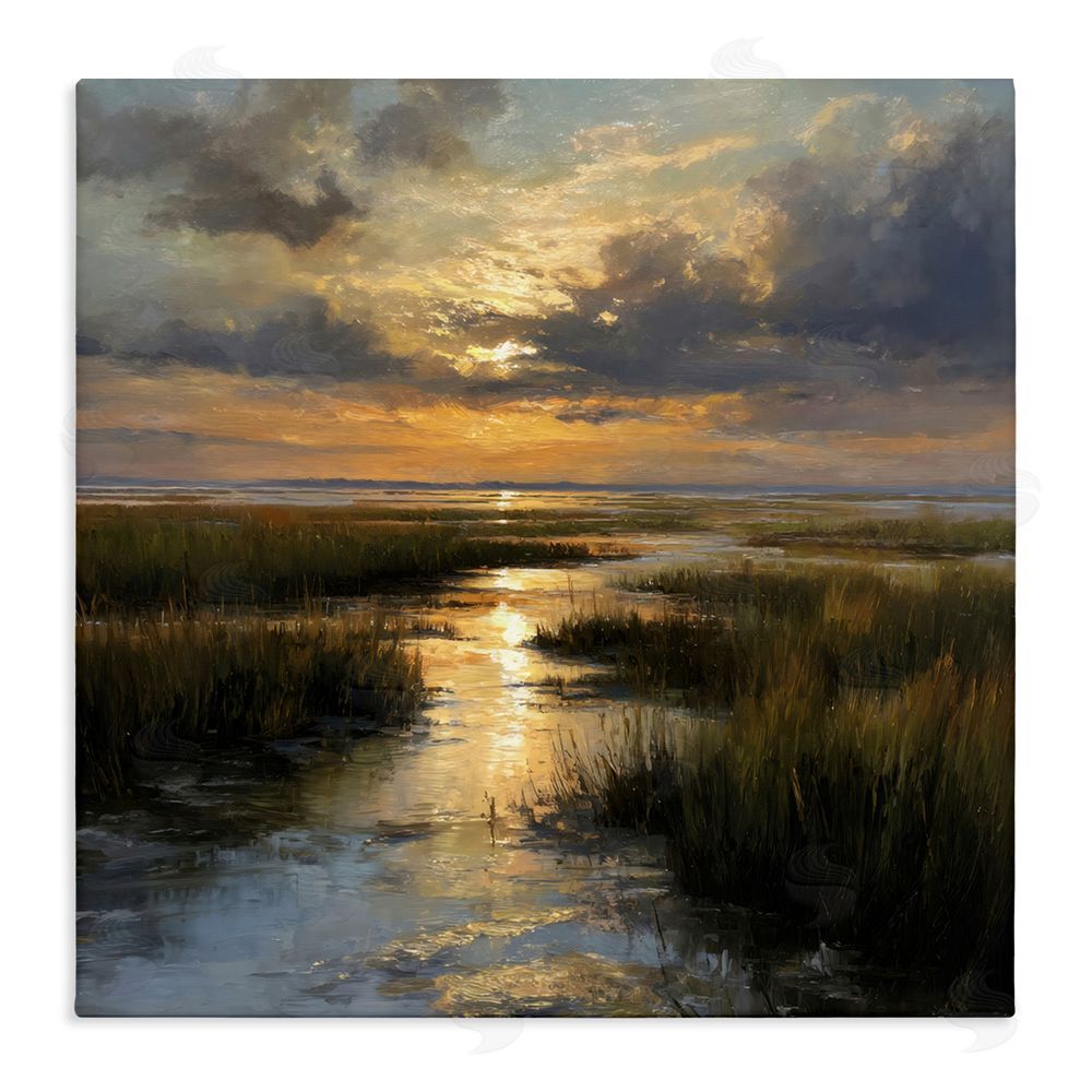 Petal Prints Design Sunset Over Marshland Stretched Canvas Wall Art Print