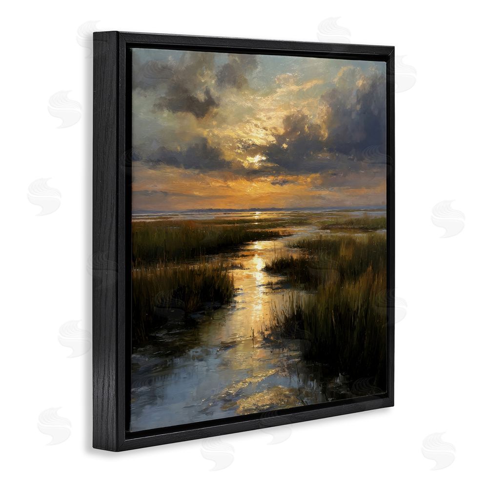 Petal Prints Design Sunset Over Marshland Black Floating Framed Canvas Wall Art Print