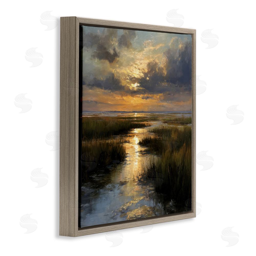 Petal Prints Design Sunset Over Marshland Brown Floating Framed Canvas Wall Art Print