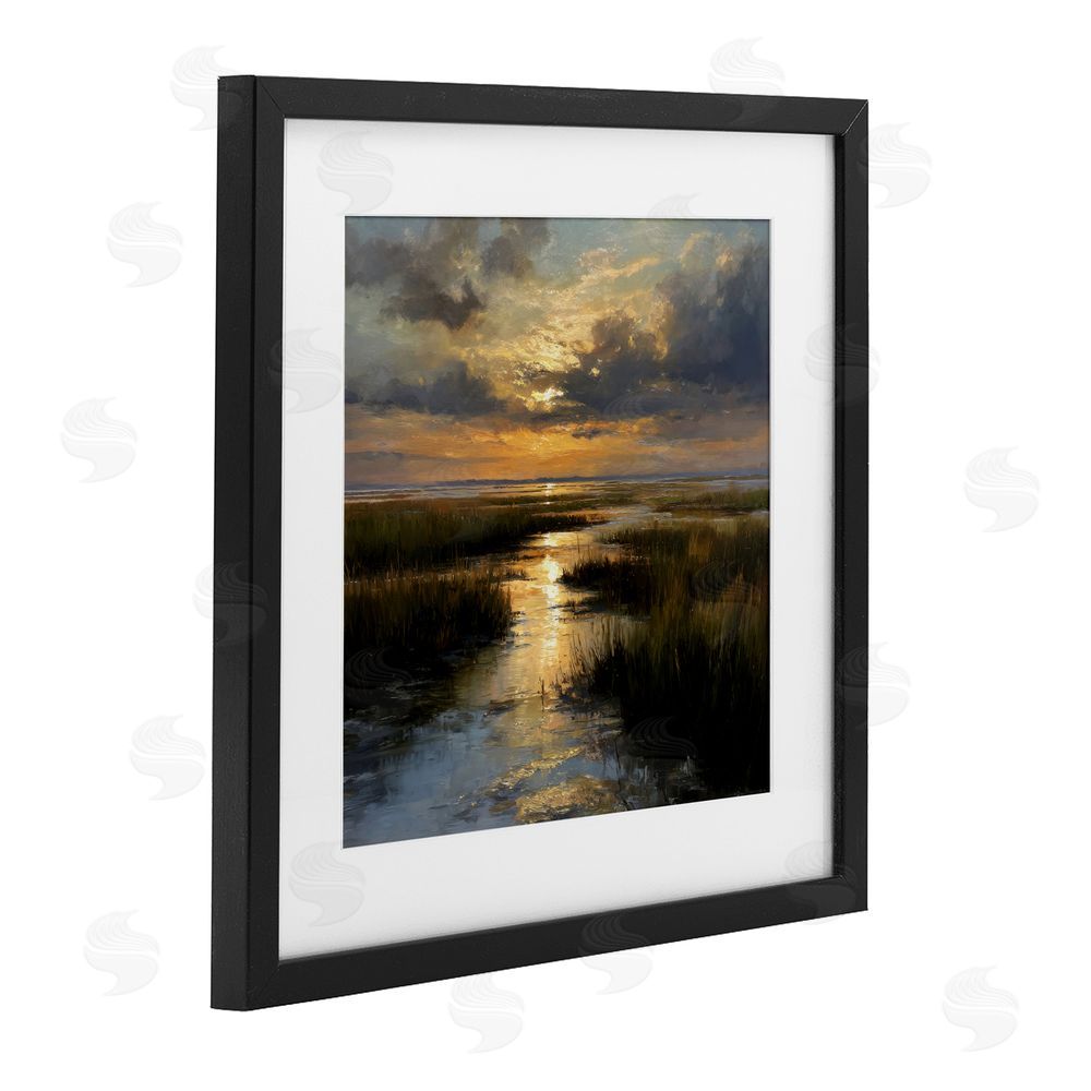 Petal Prints Design Sunset Over Marshland Black Framed Print Under Glass with White Mat Wall Art