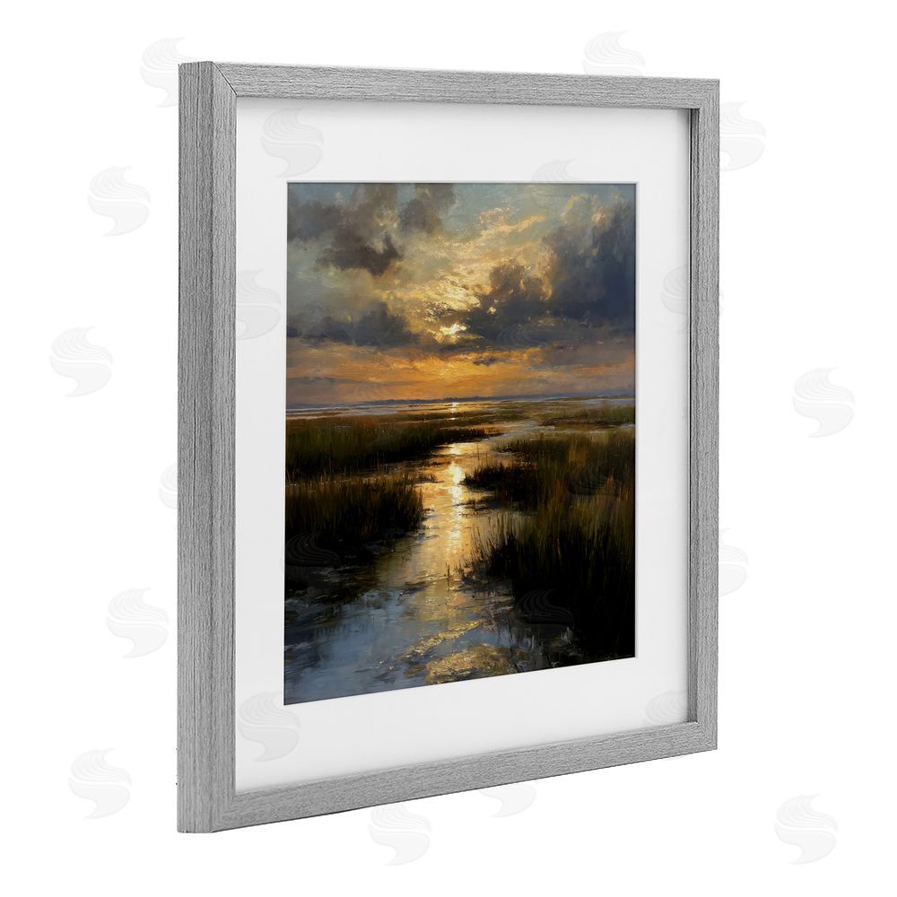 Petal Prints Design Sunset Over Marshland Gray Framed Print Under Glass with White Mat Wall Art