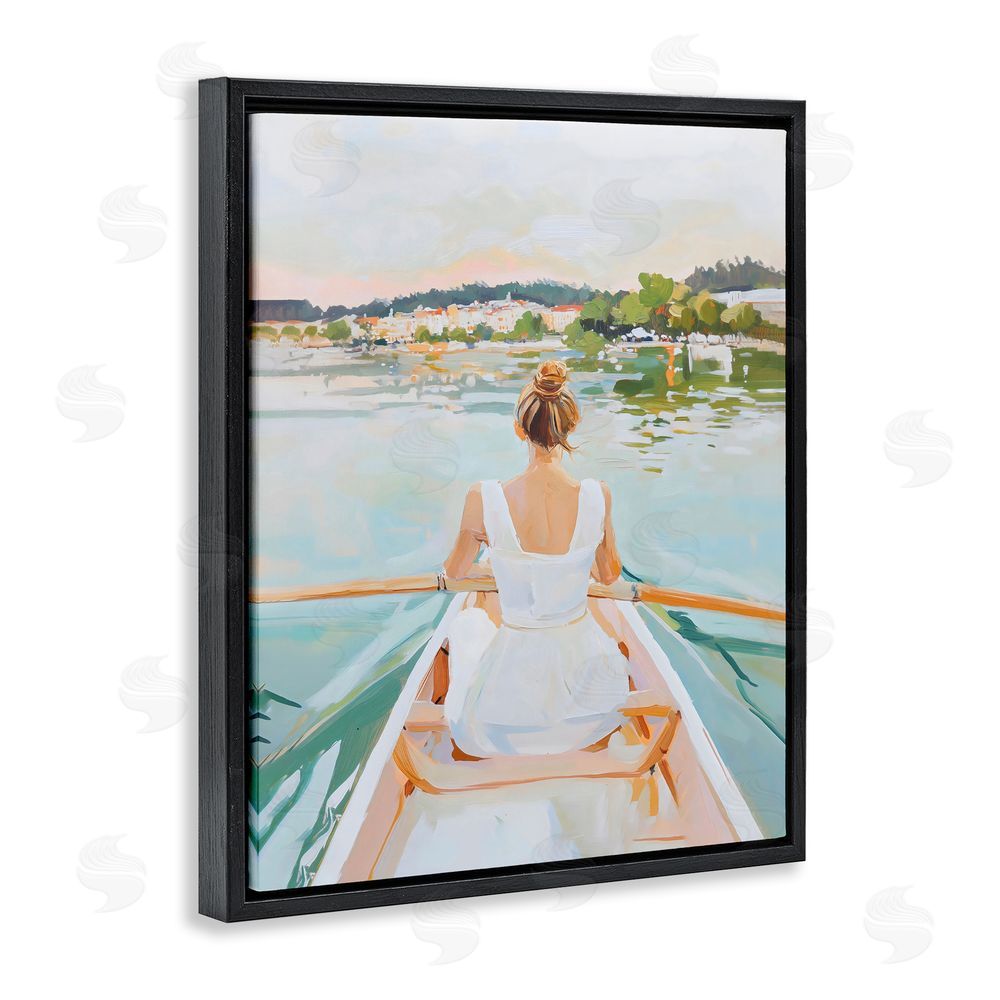 The Prints Vibe Girl In Peaceful Canoe Ride Black Floating Framed Canvas Wall Art