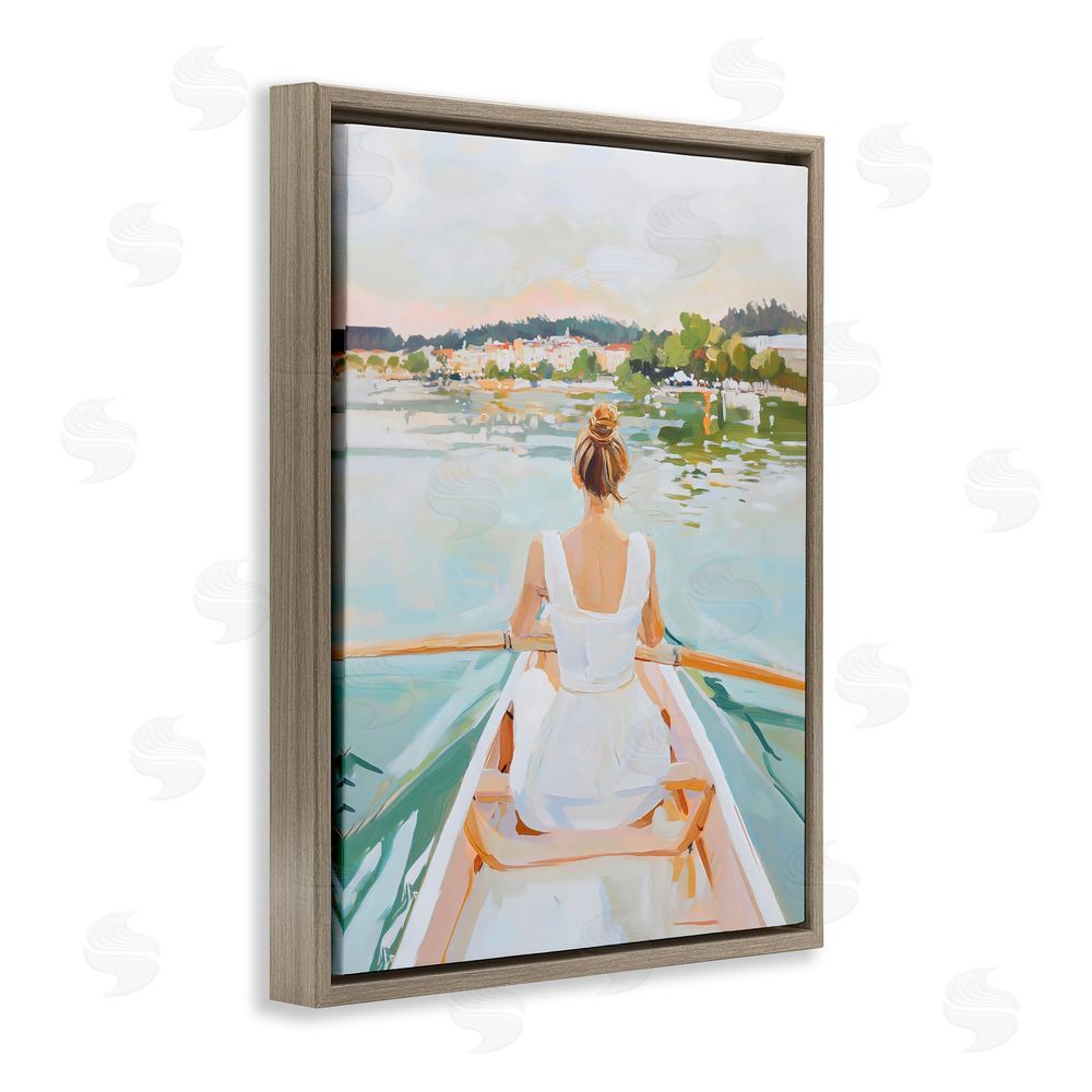 The Prints Vibe Girl In Peaceful Canoe Ride Brown Floating Framed Canvas Wall Art