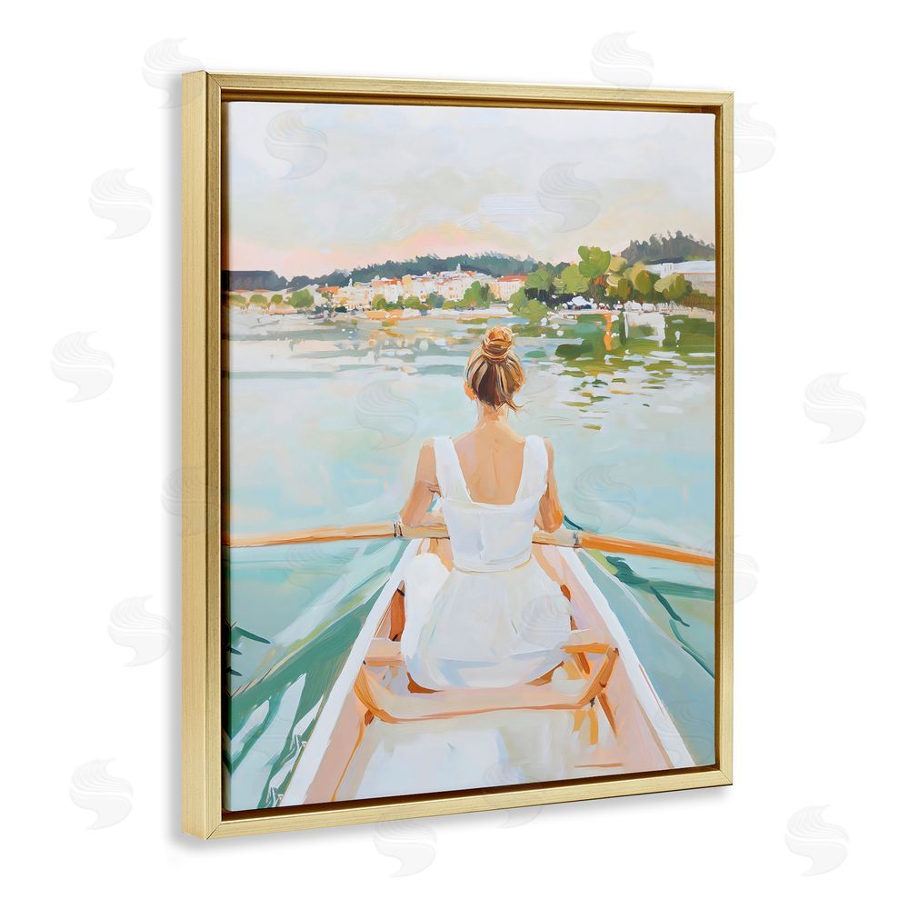 The Prints Vibe Girl In Peaceful Canoe Ride Gold Floating Framed Canvas Wall Art