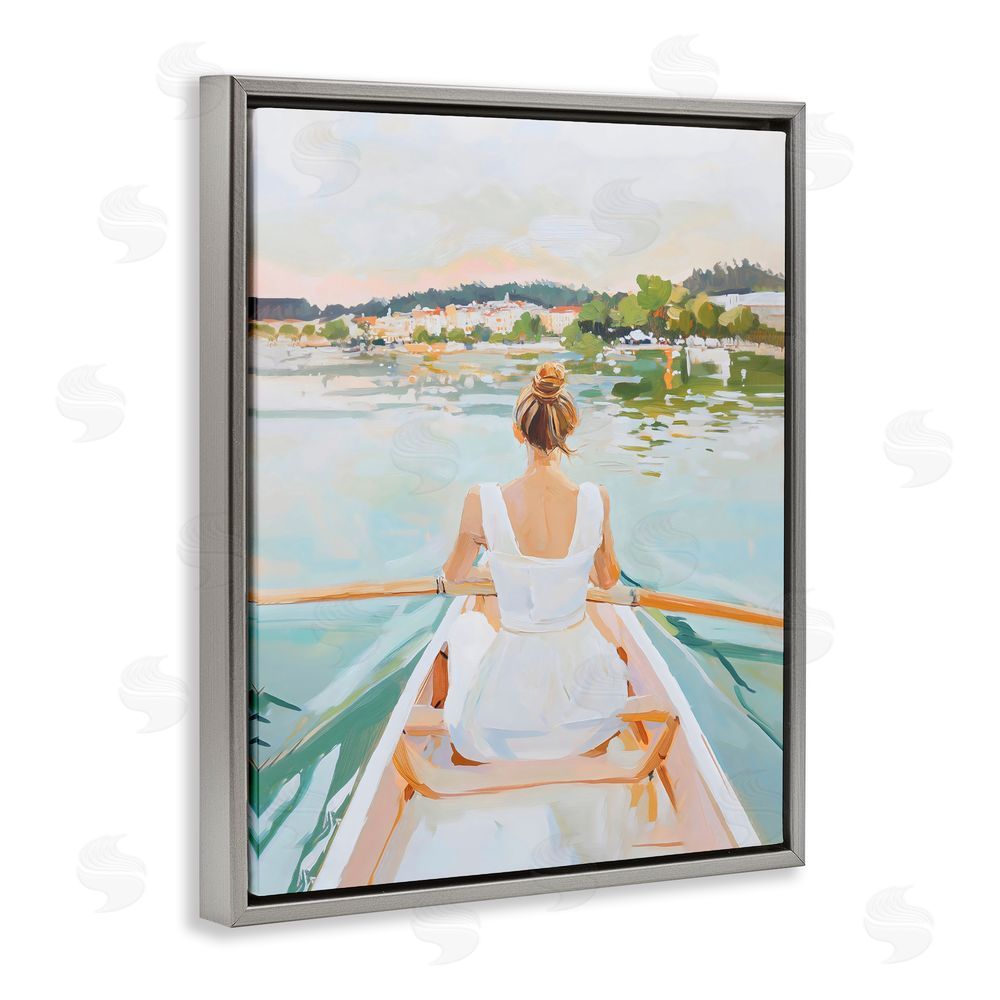 The Prints Vibe Girl In Peaceful Canoe Ride Gray Floating Framed Canvas Wall Art