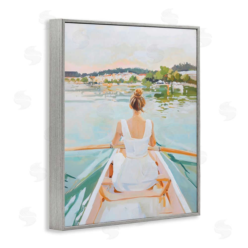 The Prints Vibe Girl In Peaceful Canoe Ride Gray Framed Giclee Wall Art
