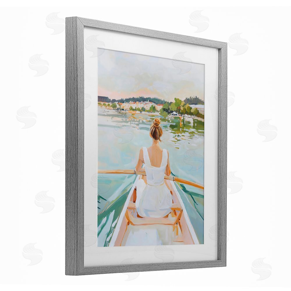 The Prints Vibe Girl In Peaceful Canoe Ride Gray Framed Print Under Glass Wall Art